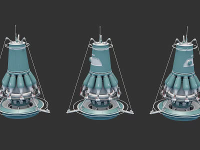 Three Blue Rocket Engine Models With Multiple Nozzles Brackets And Circular Base 3d model