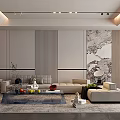 Modern Living Room TV Wall Striped Design Bookshelves Beige Sofa Glass Coffee Table Geometric Rug