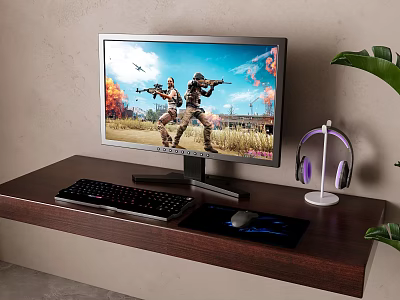 Gaming Computer Setup Featuring Monitor Keyboard Mouse Headphones On Wooden Desk With Green Plant 3d model
