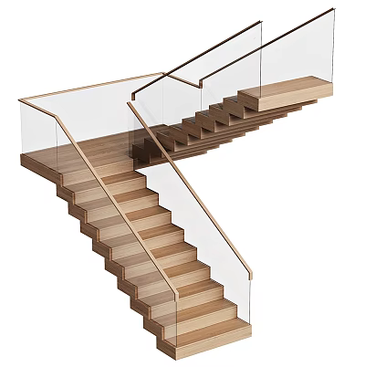 Modern Wooden Staircase With Glass Railing And Metal Frame Design 3d model