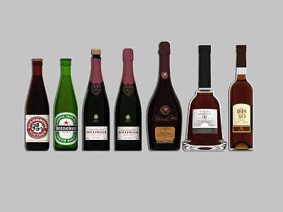 Assorted Stylish Wine Bottles and Glasses with Different Labels and Designs on 3d model