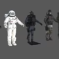 Game and Movie Characters in Diverse Costumes Including Space Suit Tactical Gear and Camouflage