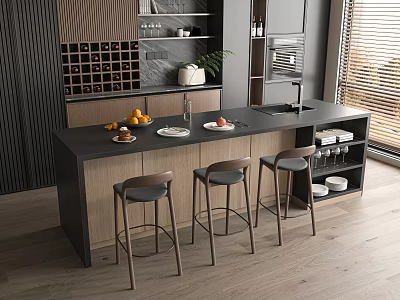 Modern Restaurant Interior With Black Counter Island Bar Stools Plants And Wooden Wall 3d model