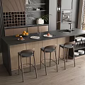 Modern Restaurant Interior With Black Counter Island Bar Stools Plants And Wooden Wall