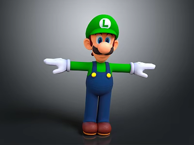 3D Character Design With Green Hat Blue Overalls White Gloves And Outstretched Arms 3d model