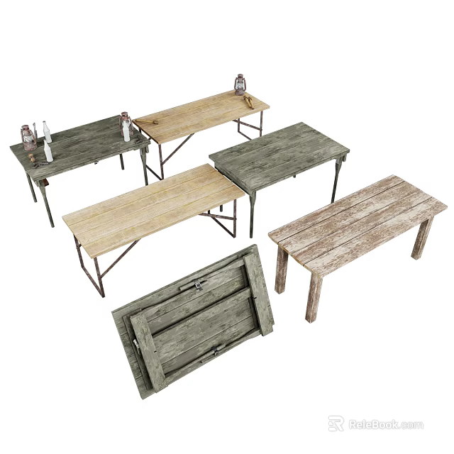 Rustic Wooden Outdoor Tables With Various Styles Metal Frames And Solid Legs 3d model 