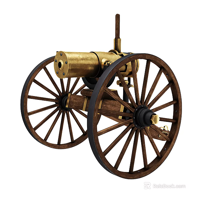 Antique Military Cannon With Brass Barrel And Large Wooden Spoked Wheels 3d model 