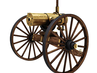 Antique Military Cannon With Brass Barrel And Large Wooden Spoked Wheels 3d model