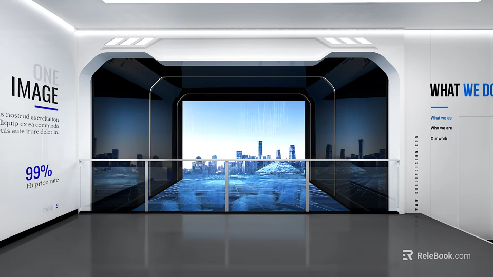Modern Futuristic Interior Space With Large Window City Skyline View And Glass Railing 3d model 