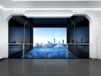 Modern Futuristic Interior Space With Large Window City Skyline View And Glass Railing 3d model