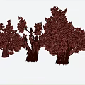 Three Varied Trees With Green Foliage And Twisted Trunks On Black Background