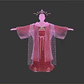 A Woman In Red Traditional Robe With Ornate Headdress And Arms Outstretched Against White Background