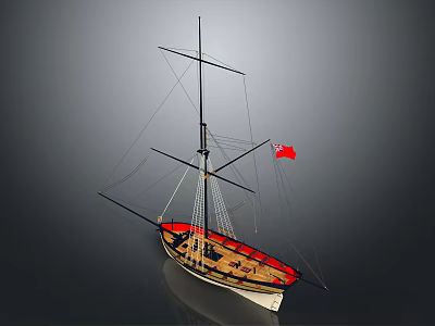 Sailing Ship 3D Model With Red Flag Wooden Deck Tall Masts And Classic Design 3d model