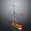 Sailing Ship 3D Model With Red Flag Wooden Deck Tall Masts And Classic Design