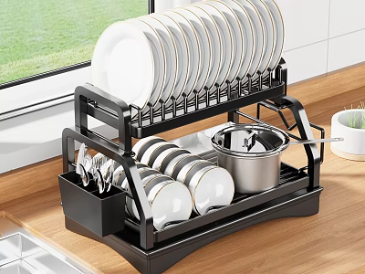 Black Double Layered Kitchen Tableware Set With Plates Bowls Cups And Utensils For Countertop Storage 3d model