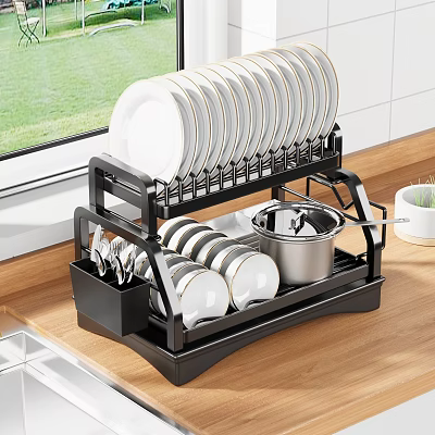 Black Double Layered Kitchen Tableware Set With Plates Bowls Cups And Utensils For Countertop Storage 3d model