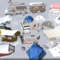 Colorful Camping Tents In Outdoor Scene With Camper Vans Campfire Tables Chairs And People