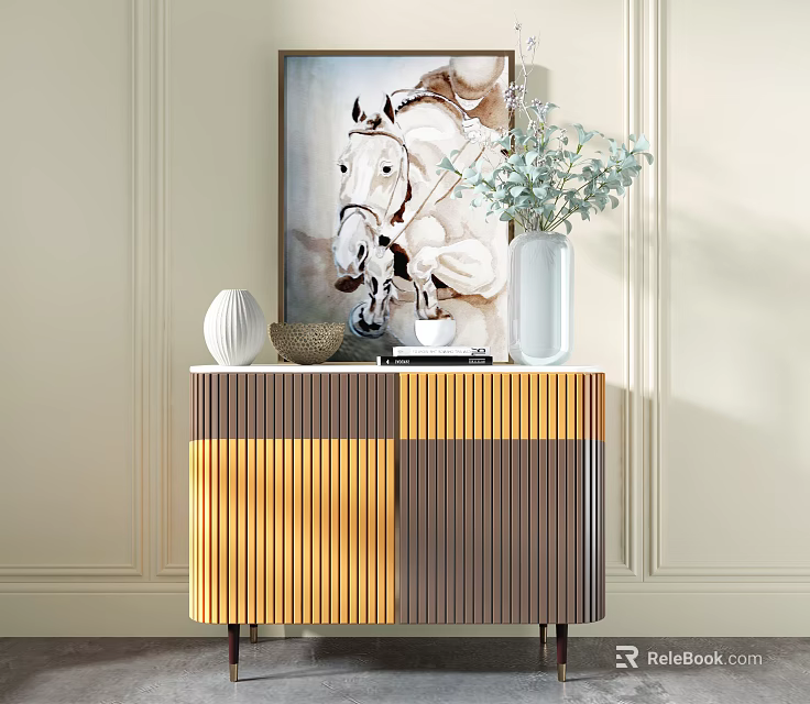Elegant Modern Entrance Interior Console Cabinet Sideboard With Yellow Brown Striped Design Decorative Vase Plant 3d model 