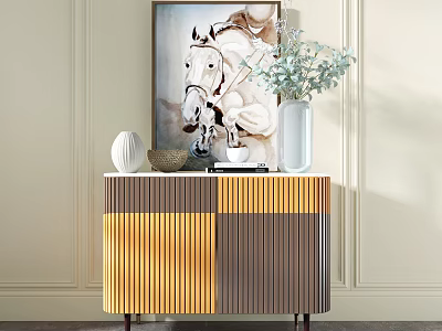 Elegant Modern Entrance Interior Console Cabinet Sideboard With Yellow Brown Striped Design Decorative Vase Plant 3d model