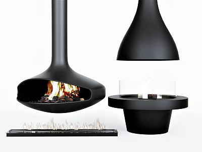 Modern Black Hanging And Tabletop Fireplace Design With Burning Flames And Metal Accessories 3d model