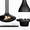 Modern Black Hanging And Tabletop Fireplace Design With Burning Flames And Metal Accessories