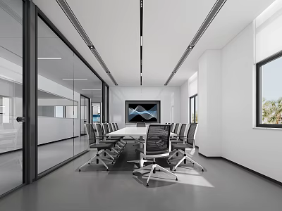 Modern Office Meeting Room With Long Table Ergonomic Chairs Large Screen And Glass Partitions 3d model