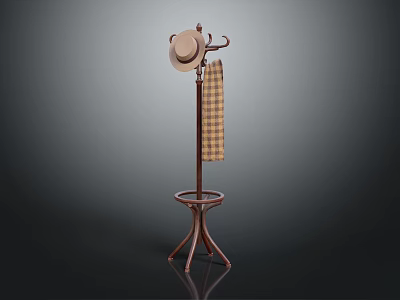 Vintage Wooden Coat Rack With Stylish Hat And Plaid Scarf 3d model