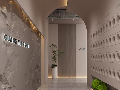 Elevator Hallway with Guang Yue Sign VIP Area Marble Wall Archway and Green Plants 3d model