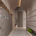 Elevator Hallway with Guang Yue Sign VIP Area Marble Wall Archway and Green Plants