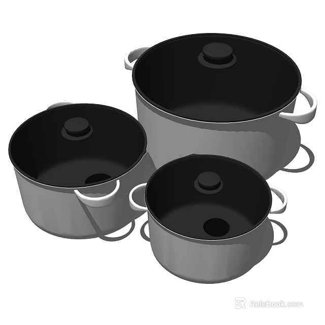 Stainless Steel Cookware Set With Three Pots Black Lids And Heat Resistant Handles 3d model 