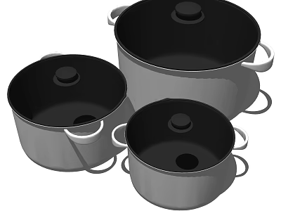 Stainless Steel Cookware Set With Three Pots Black Lids And Heat Resistant Handles 3d model