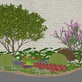 Lush Garden Shrubs With Colorful Flowers Green Trees And Wooden Border