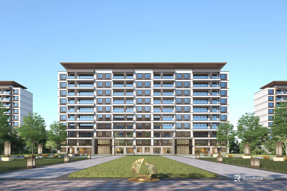 Modern Multistory Residential Building With Large Windows Symmetrical Layout And Surrounding Lawn Greenery Entrance Area 3d model 