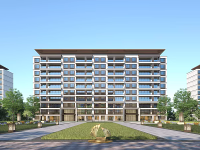 Modern Multistory Residential Building With Large Windows Symmetrical Layout And Surrounding Lawn Greenery Entrance Area 3d model
