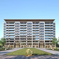 Modern Multistory Residential Building With Large Windows Symmetrical Layout And Surrounding Lawn Greenery Entrance Area