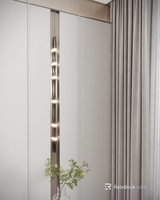 Modern Metallic Wall Lamp With Vertical LED Lights On Light Colored Wall And Gray Curtains 3d model 