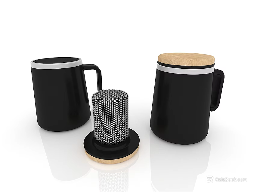 Modern Black Ceramic Mugs With Wooden Lid And Stainless Steel Strainer Design For Home Use 3d model 