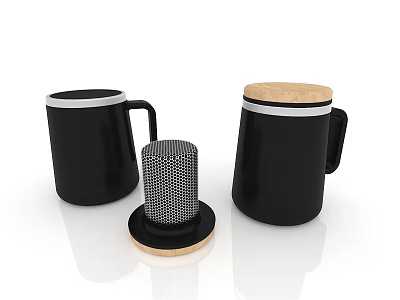 Modern Black Ceramic Mugs With Wooden Lid And Stainless Steel Strainer Design For Home Use 3d model