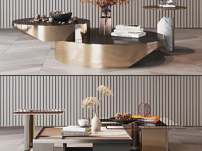 Luxury Modern Coffee Table With Brass Frame Marble Top And Floral Vase Stacked Books Decor 3d model