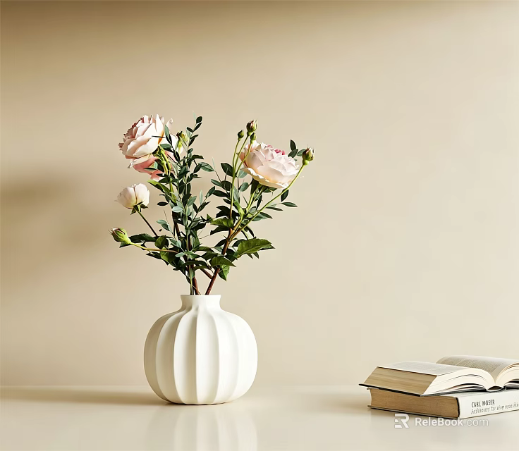 Ribbed White Vase With Pink Roses And Books On Table With Neutral Background 3d model 