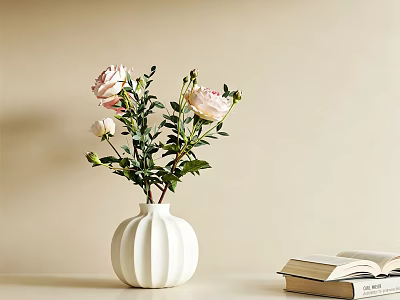 Ribbed White Vase With Pink Roses And Books On Table With Neutral Background 3d model