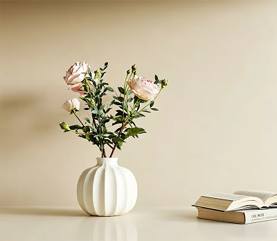 Ribbed White Vase With Pink Roses And Books On Table With Neutral Background 3d model