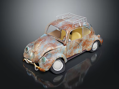 Rusty Vintage Volkswagen Beetle With Roof Rack And Yellow Interior 3d model