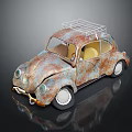 Rusty Vintage Volkswagen Beetle With Roof Rack And Yellow Interior