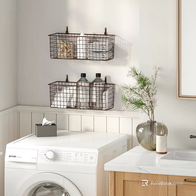 Wall Mounted Metal Storage Baskets Organizing Cleaning Supplies In Laundry Room 3d model 