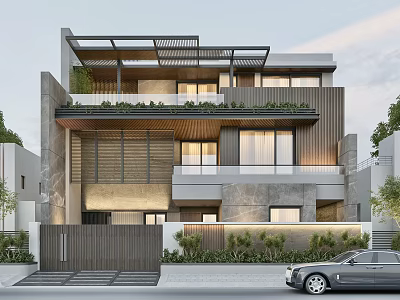 Modern Detached Villa With Large Glass Windows And Roof Terrace Greenery Design 3d model