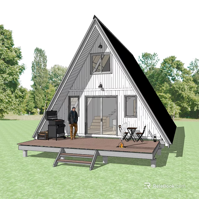 A Frame Cabin Building With Glass Door Wooden Deck Grill Outdoor Seating Surrounded By Trees 3d model 