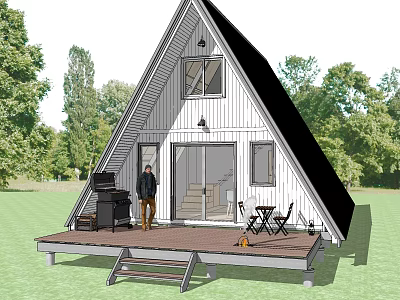 A Frame Cabin Building With Glass Door Wooden Deck Grill Outdoor Seating Surrounded By Trees 3d model