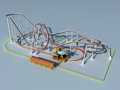 Amusement Park Roller Coaster With Red Tracks White Supports Yellow Train And Station 3d model