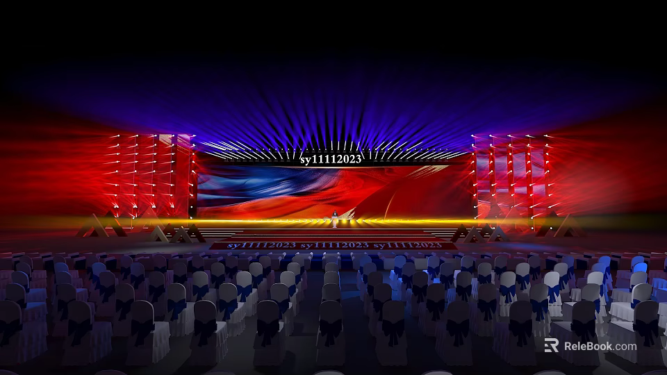 Stage Design with Red Blue Lighting Backdrop and Arranged Audience Seats Setup 3d model 